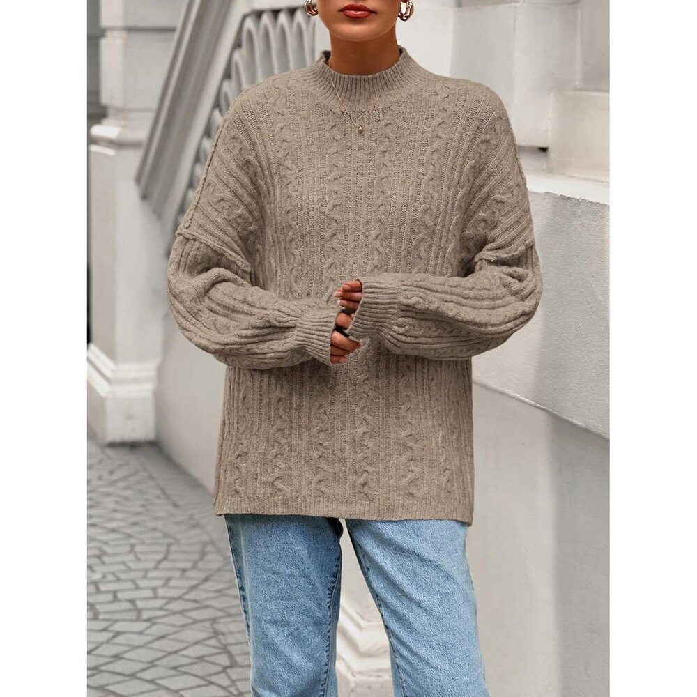 Women's Cable Knit Sweater Oversized Fall Pullover Crewneck Long Sleeve - Picture 2 of 6